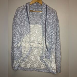 Miss Me Lace Panel Open Front Cardigan Size S Blue White Marled Knit Boho